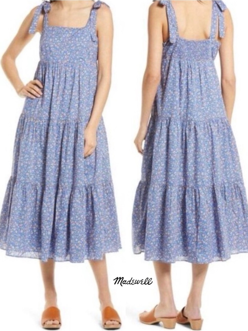 Madewell Tie-Strap Tiered Midi Dress M in Summer Vines Hermitage Blue Floral